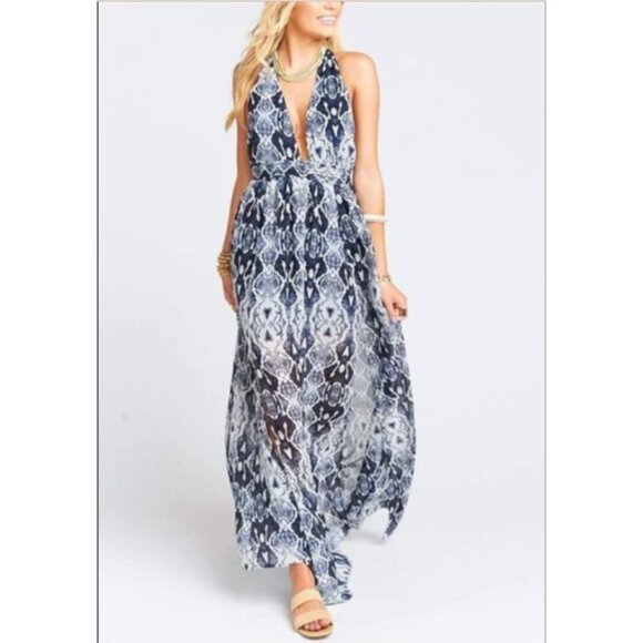 Show Me Your MuMu Dresses & Skirts - Show Me Your Mumu Halter Dress Maxi Blue Semi Sheer Reptile Sz M Party Festival